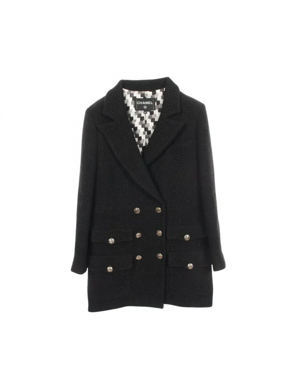 Chanel Tailored Jacket CC Logo Button Double Breasted Tweed Black Wool